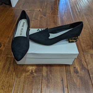Anne Klein black suede iflex loafers with cheetah print heel